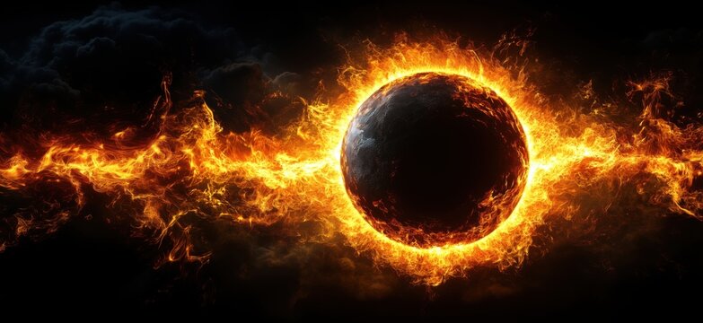 Fiery celestial phenomenon depicting a planet surrounded by flames and cosmic energy