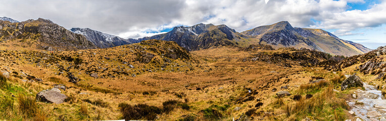 A panorama view across the hillside around Lake Idwal in Snowdonia, Wales in springtime
