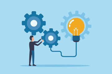 Businessman Conceptualizing Innovative Solutions with Gears &ndash; Teamwork & Tech Engineering

