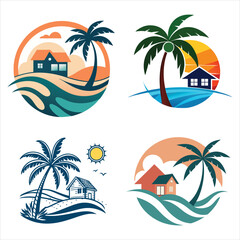 A set of tropical escape – elegant beach resort vector logo with palm tree & sunset