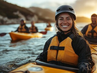 Kayaking Adventure: Smiling Woman in Life Vest and Helmet Enjoying Sunny Day on the Water with Friends and Mountain Views, Embracing the Joy of Watersports