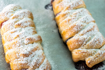 Puff pastry with chocolate and strawberries. Baking. Dessert. Dough.