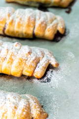 Puff pastry with chocolate and strawberries. Baking. Dessert. Dough.