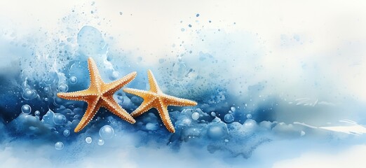 Starfish on Ocean Waves in Beautiful Watercolor Art Style