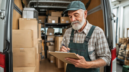 Delivery driver reviews paperwork to ensure accuracy and organization while parked in a van loaded with packages ready for distribution during the day