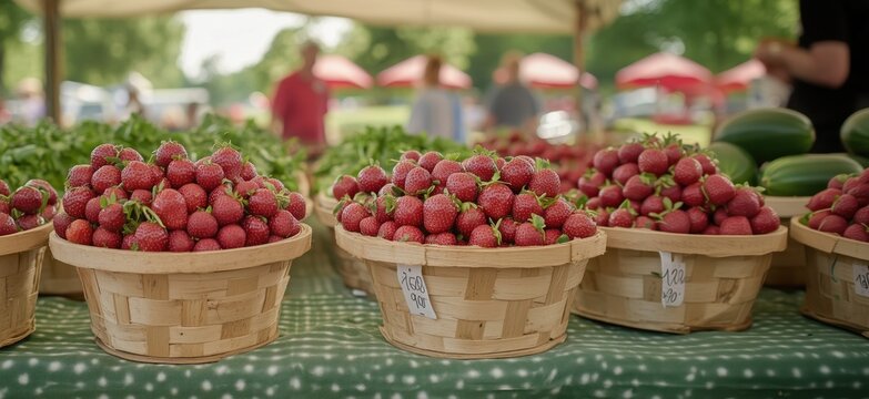 Fresh strawberries in wooden baskets at outdoor farmers market with vibrant green background - Powered by Adobe