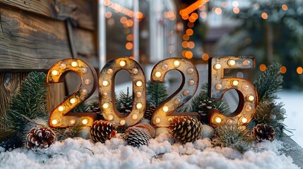 Celebratory winter scene featuring illuminated 2025 numerals surrounded by pinecones and snow with festive lights in the background HD 8k wallpaper photographic image
