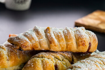 Puff pastry with chocolate and strawberries. Baking. Dessert. Dough.