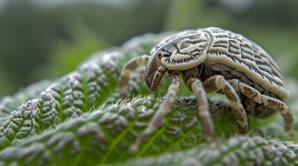 Close-up of small tick insect on green leaf in forest environment, symbolizing danger of Lyme disease and tick-borne infections in nature. Health risk and parasite concept.