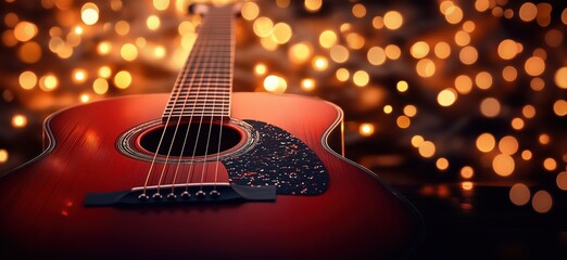 Fototapeta premium Acoustic guitar with sparkling bokeh background creating a warm, inviting atmosphere