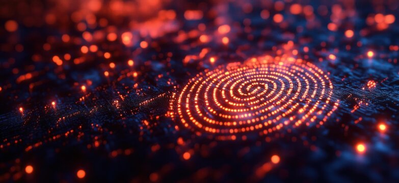 Abstract digital spiral pattern with glowing red dots on dark background