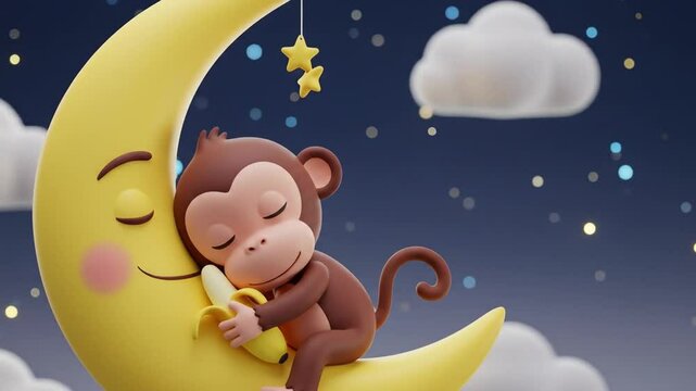 Monkey sleeping on moon cartoon illustration