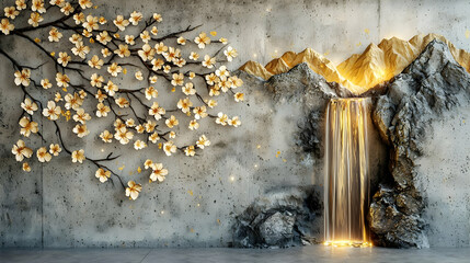 Elegant Golden Waterfall Wall Mural With Cherry Blossom Decor