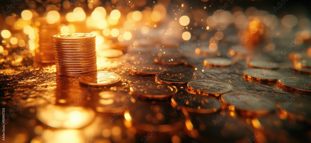 Poster shiny gold coins stacked with sparkling bokeh background creating a luxurious atmosphere