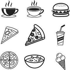 Food and drink icon set with illustrations of coffee, cake, pizza, hamburger, and other breakfast, dinner, and dessert menu items perfect for cafe and restaurant designs