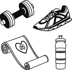 Vector illustration set of fitness equipment icons: dumbbells, shoes, and sport tools