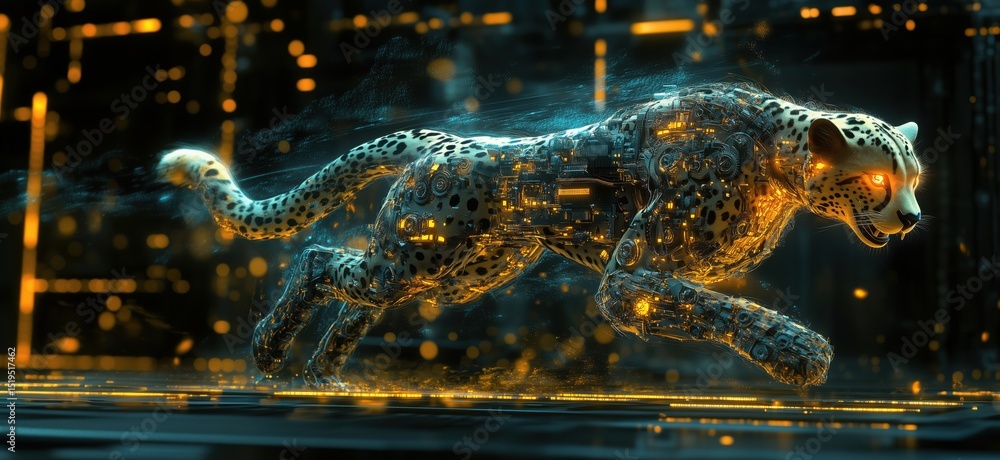Poster futuristic robotic leopard running through digital landscape with glowing circuits