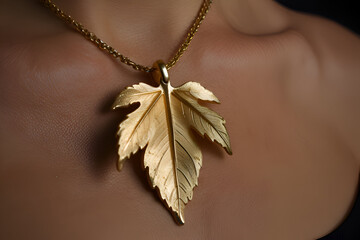 golden necklace with leaf pendant on female close up,generative.ai
