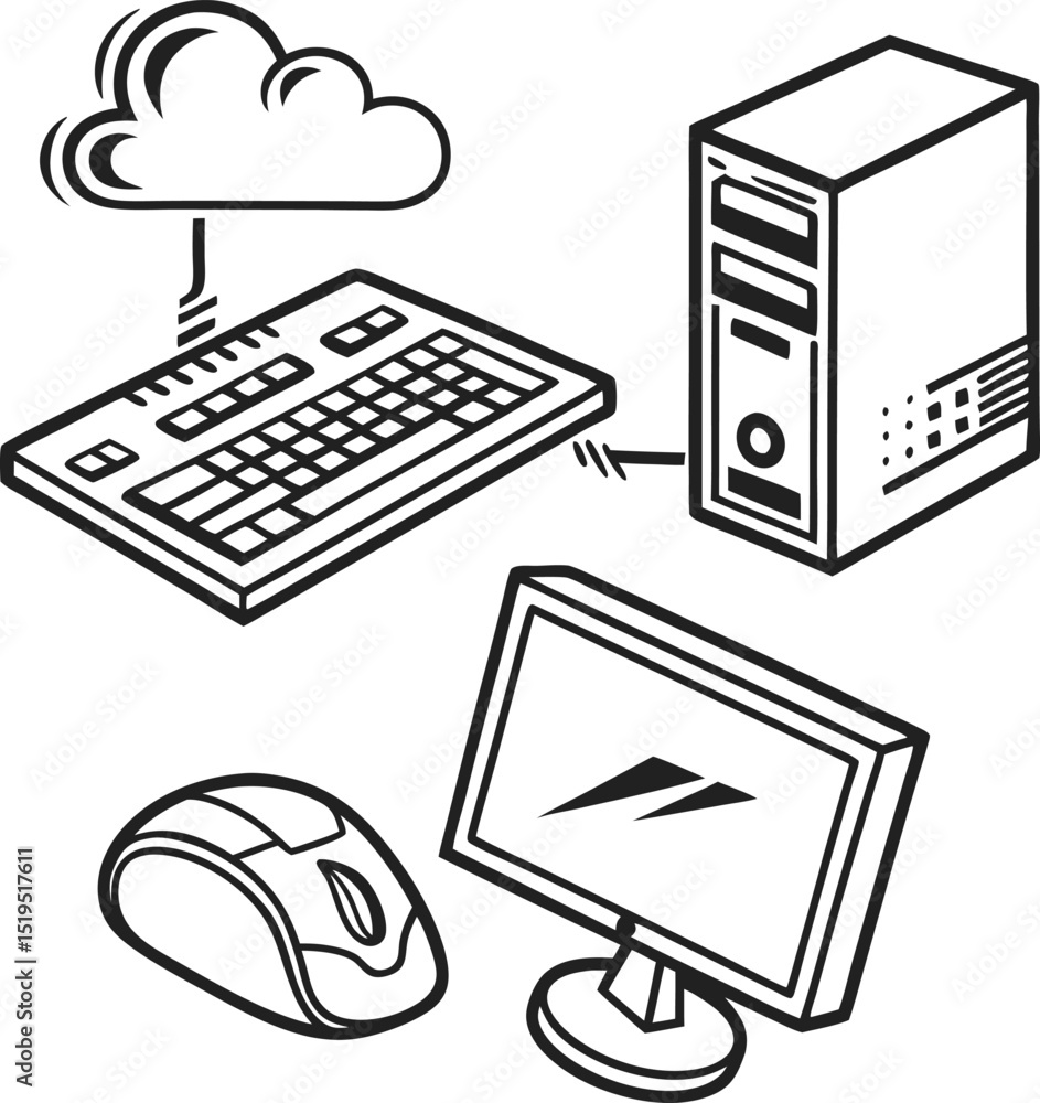 Poster vector illustration of computer icons for digital business and technology concepts with an open lapt