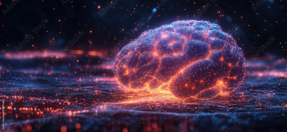 Poster futuristic digital brain with glowing neural connections and data visualization