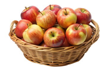 A rustic wicker basket filled with an abundance of fresh red apples Transparent PNG