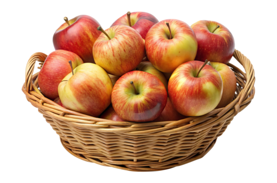 A rustic wicker basket filled with an abundance of fresh red apples Transparent PNG