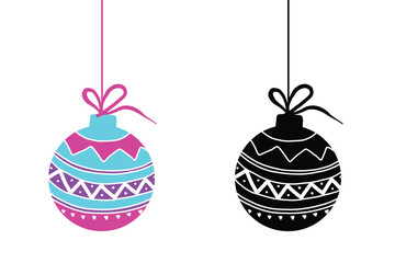 Flat Style Hand Drawn Hanging Christmas Decorative Balls Isolated on White Background. Silhouette Black Magenta, Blue and Purple Colors Christmas Balls with Ribbon Bows New Year and Holiday Icons Set.