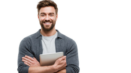 Smiling man standing with arms crossed, holding a tablet, isolated on white background.