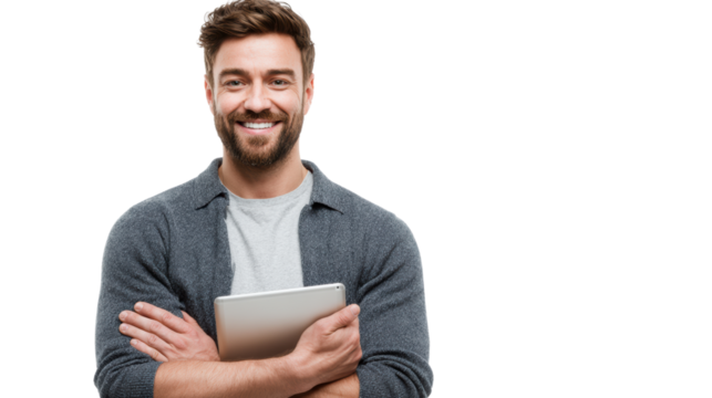 Smiling man standing with arms crossed, holding a tablet, isolated on white background.