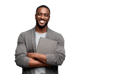 Smiling man with a gray sweater, holding a folder, standing confidently against a white background.