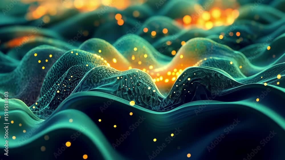 Poster abstract teal and orange wave pattern, conceptual technology background with bright glowing dots and