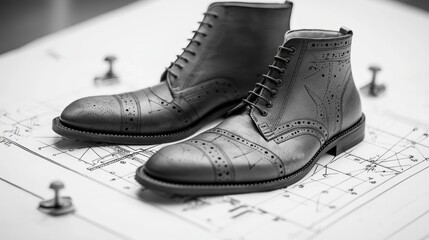 Elegant leather ankle boots displayed on technical design sketches showcasing timeless craftsmanship and fashion design
