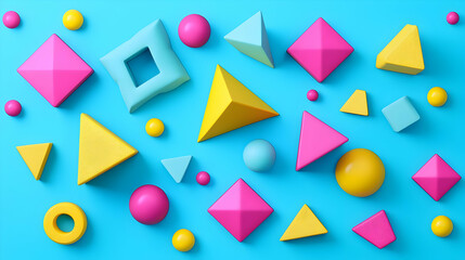 Colorful Geometric Shapes Composition On Bright Blue Background