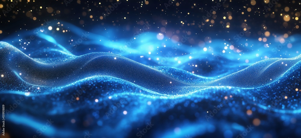 Poster glowing blue waves with sparkling particles creating a mesmerizing underwater effect