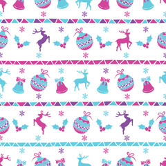 Vector decorative Christmas and new year Seamless Pattern. Christmas ornamental silhouette balls, deers, snowflakes, holly berries and bells texture background holiday greeting card backdrop template.