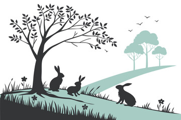 Whimsical landscape with silhouetted rabbits tree and birds in a minimalist style