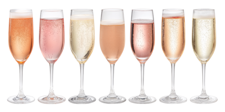 selection of sparkling champagne or wine glasses isolated on white background