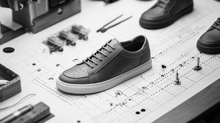 Crafting handmade shoes in a workshop with detailed tools and materials used for footwear production