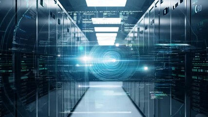 Data center hallway with digital overlay - Powered by Adobe