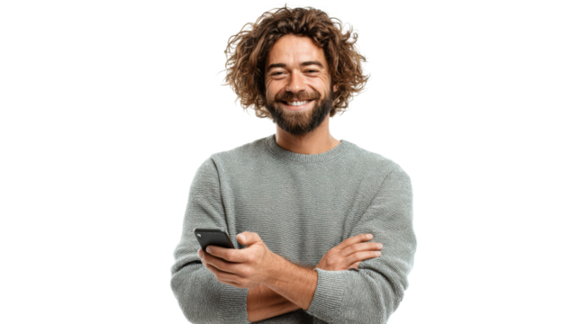 Smiling man with curly hair holding smartphone, displaying happiness and confidence against a neutral background.