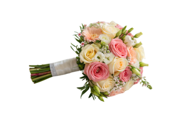 Classic bridal bouquet combining cream and pink roses with white lisianthus and delicate greenery accents, isolated on a transparent background