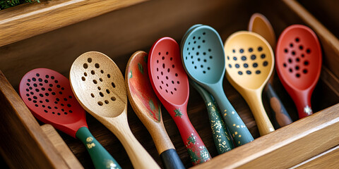 Close-up of holiday-themed cooking utensils, including spatulas and spoons adorned with festive colors, displayed in a kitchen drawer.