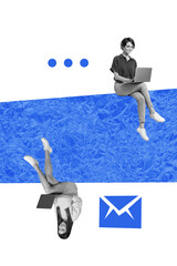 3D photo collage template trend artwork sketch of two young lady friends coworking laptop email...