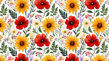 Vibrant Floral Pattern Sunflowers, Poppies, and Delicate Blooms Seamless Design