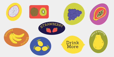 Fruits stickers collection. Tropical fruit and berries. Set of summer label for print, web design. Vector illustration