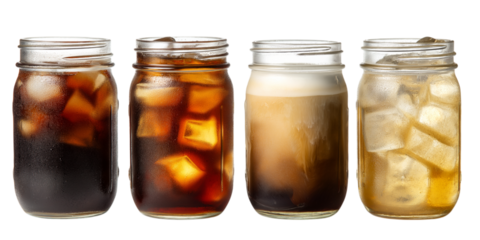 collection of four refreshing coffee beverages served in mason jars isolated on white background