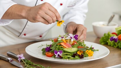 A chef garnishes a fresh salad with vibrant edible flowers and greens on a white plate.