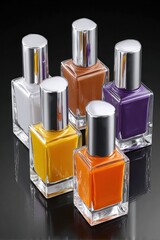 Five colorful nail polish bottles with silver caps arranged on a reflective black surface.