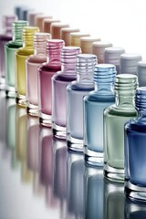 Colorful glass bottles arranged in neat rows, showcasing a gradient of pastel shades on a reflective surface.