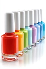 Colorful nail polish bottles arranged in a neat row, each featuring a different vibrant shade with white caps.